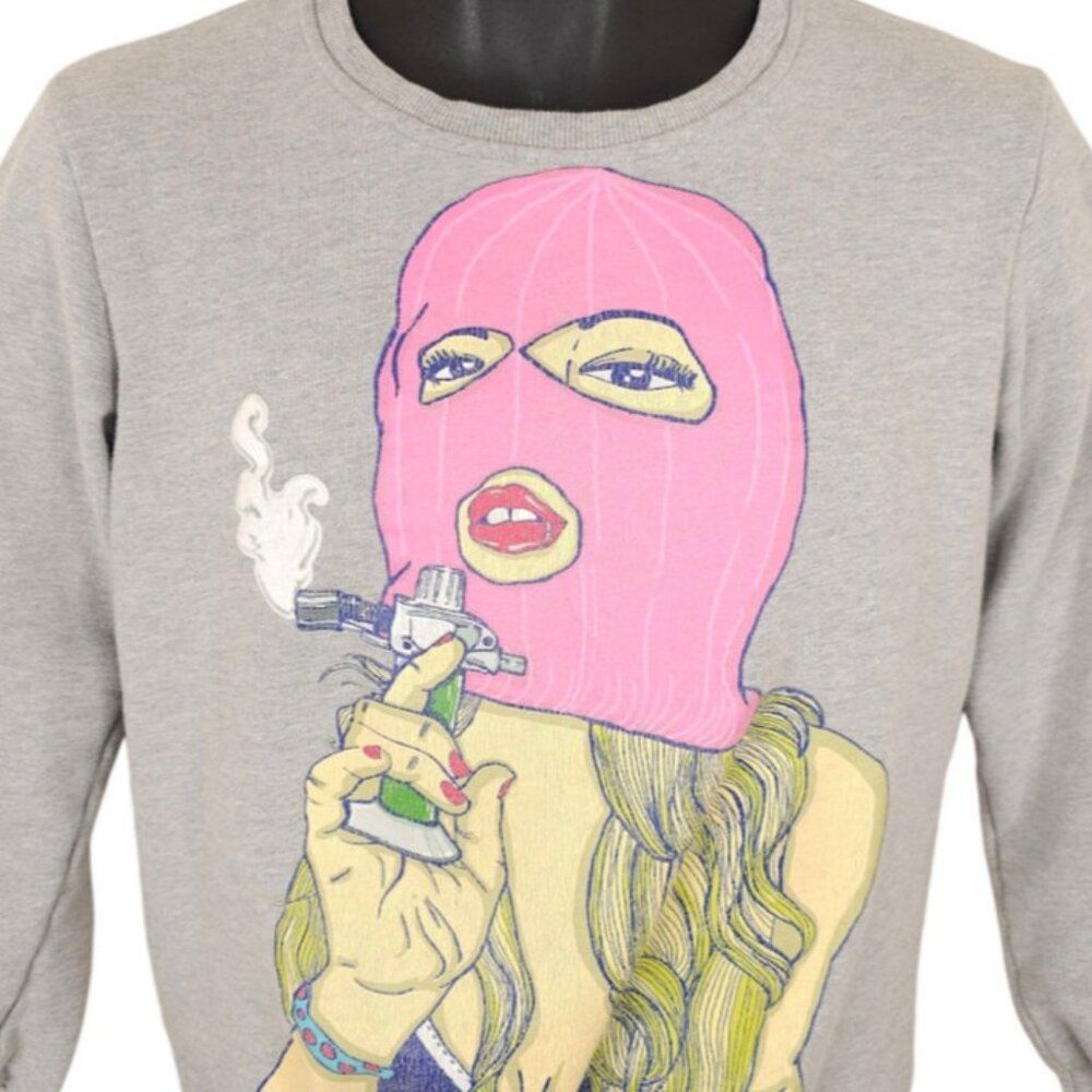 Pink Ski Mask Sweatshirt Womens Size Small Gray Vape Cannabis Weed Smoke
